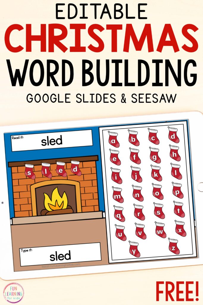 A free digital Christmas stockings word building activity for Seesaw and Google Slides.