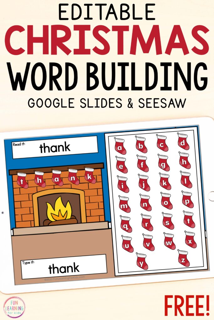 Christmas stockings editable word work activity to use on Seesaw and Google Slides.
