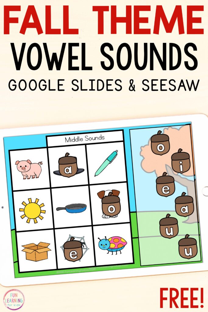 Free digital acorn theme letter sounds activity for isolating beginning, middle, and ending sounds in words. 
