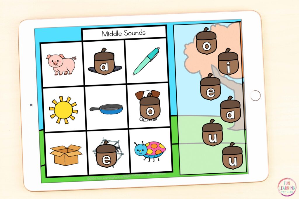 Letter sounds activity for beginning sounds, middle vowel sounds, and ending sounds.