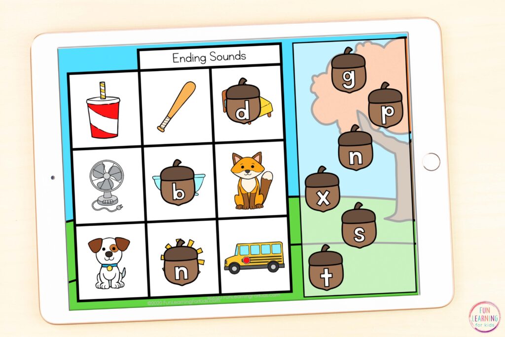 A fall acorn letter sounds activity for Seesaw and Google Slides.