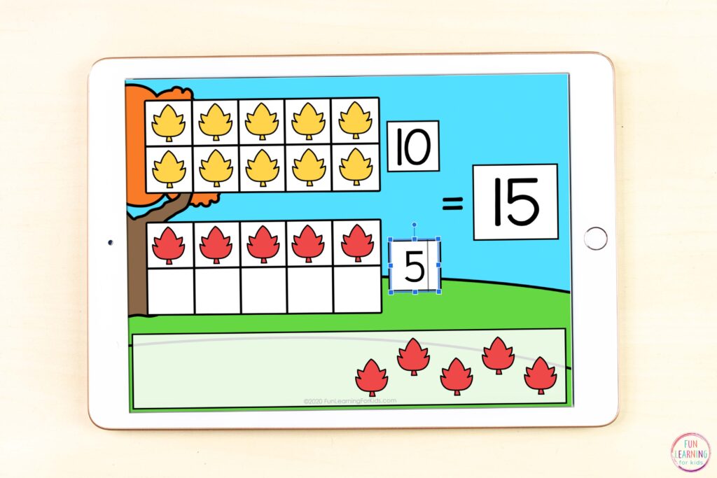 Free fall leaves counting on and missing addends activity for Google Slides and Seesaw.