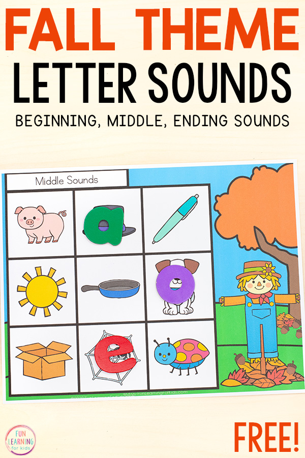 Free printable fall theme letter sounds mats for isolating sounds in words and beginning to learn to read. A fun literacy activity for fall!