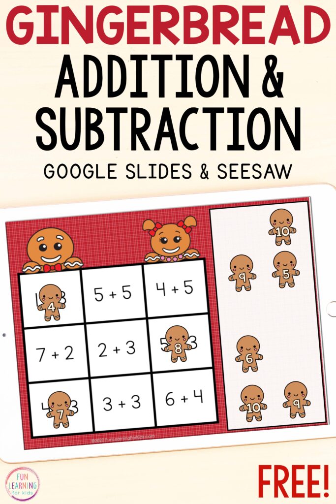 Gingerbread addition and subtraction facts math activity for Google Slides and Seesaw. Students drag gingerbread number tiles over to the correct math facts on the slide.