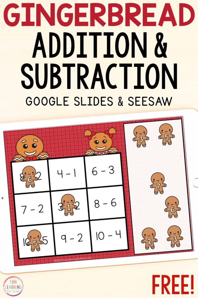 Free gingerbread theme addition and subtraction within 10 math activity for Christmas math centers.