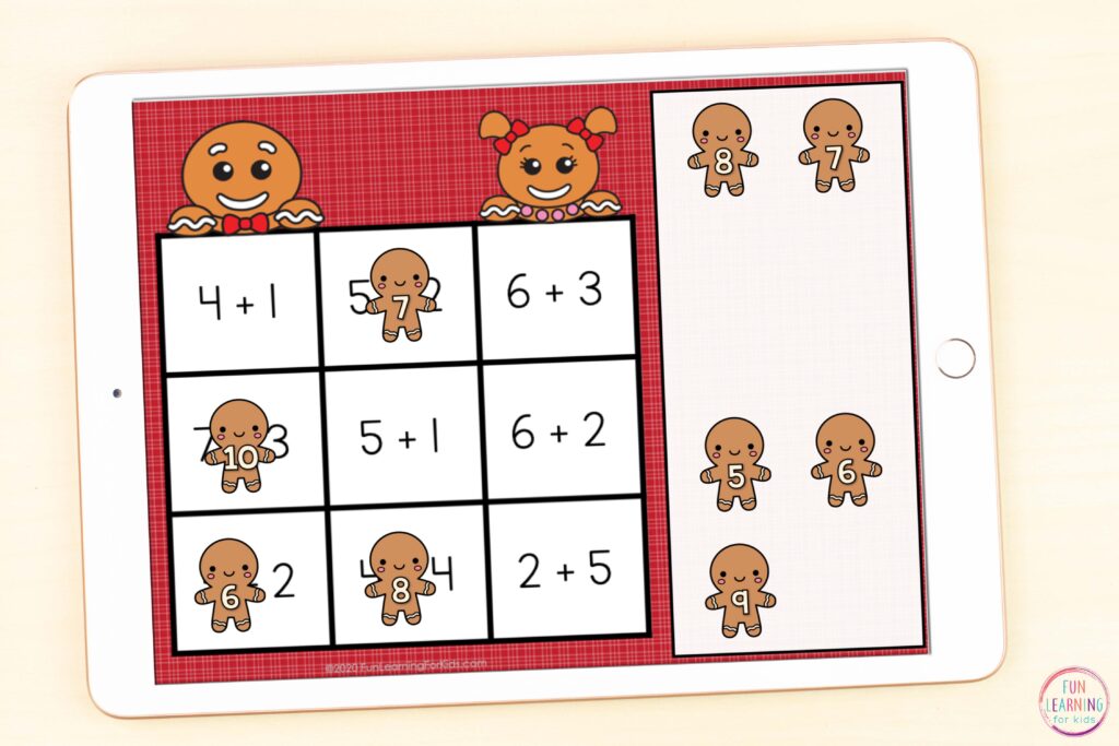 Free gingerbread addition and subtraction to ten math activity for Seesaw and Google Slides.