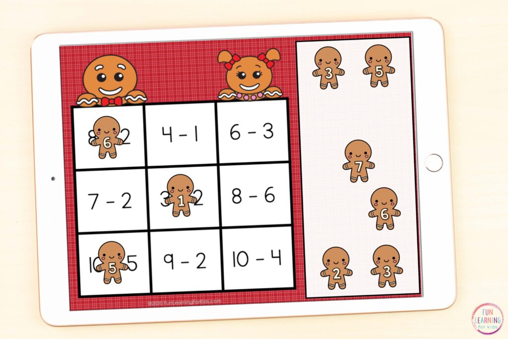 Gingerbread theme addition and subtraction math facts activity for Seesaw and Google Slides.