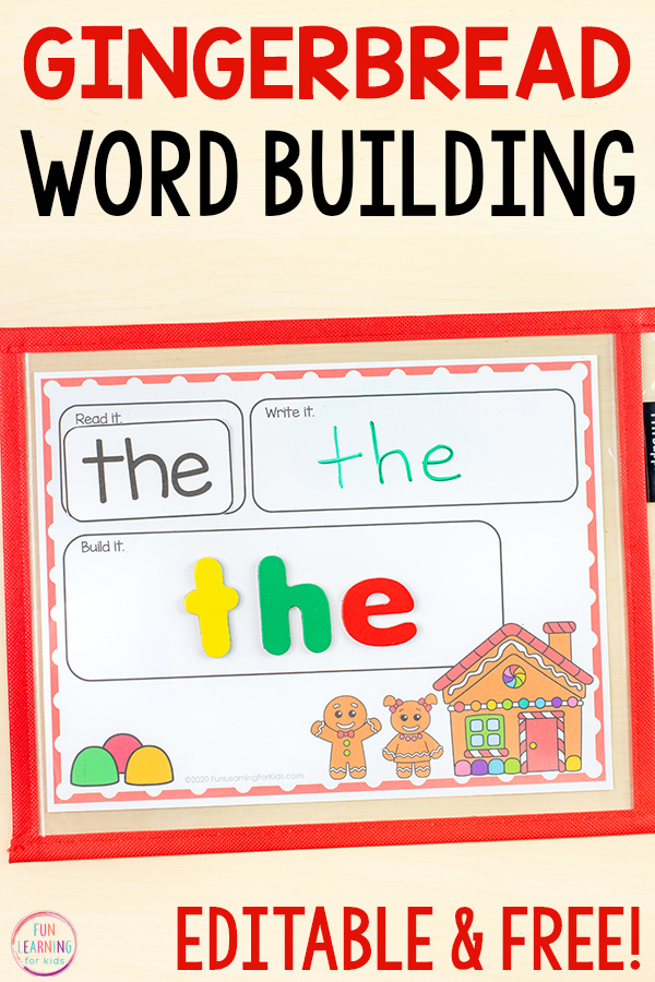 Free printable gingerbread theme word building mats for students to read the word, write the word, and build the word with alphabet manipulatives.