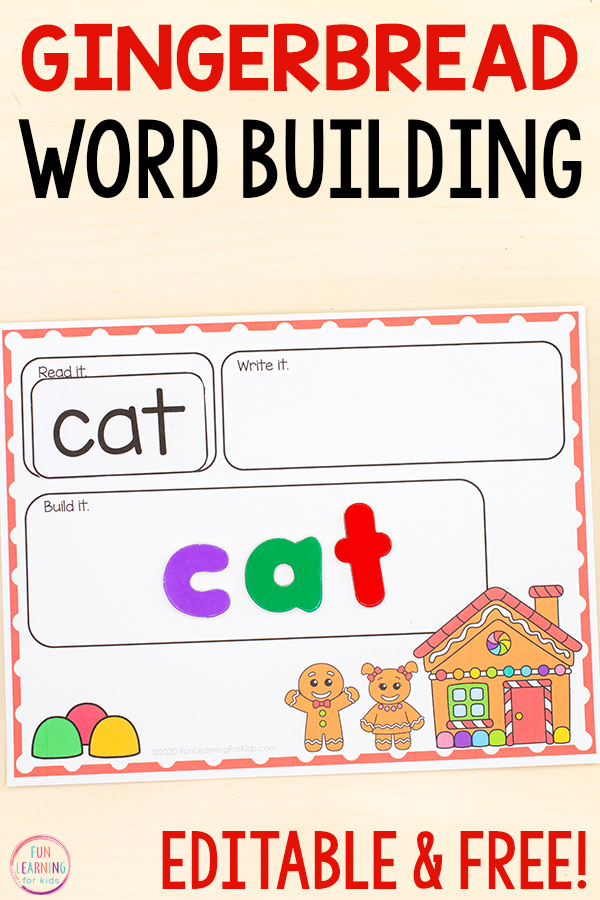 Free editable gingerbread theme word work activity for sight words, CVC words, phonics skills, and spelling words this Christmas.