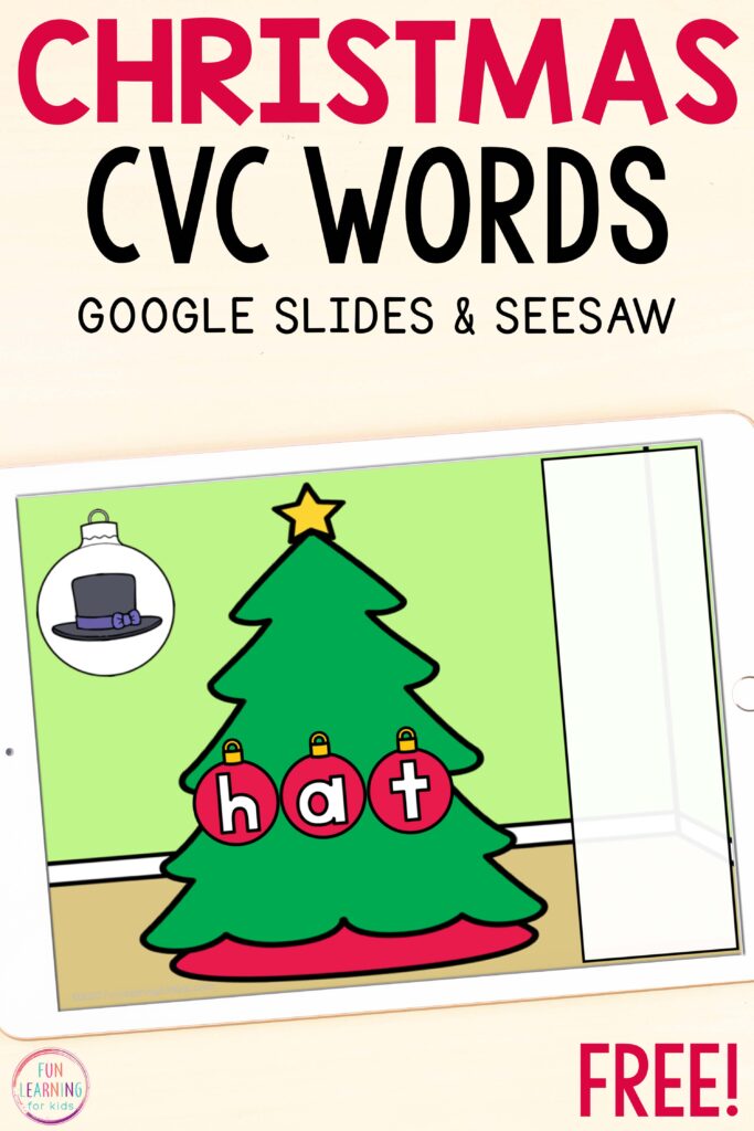 A free paperless Christmas tree CVC word building reading activity for Google Slides and Seesaw.