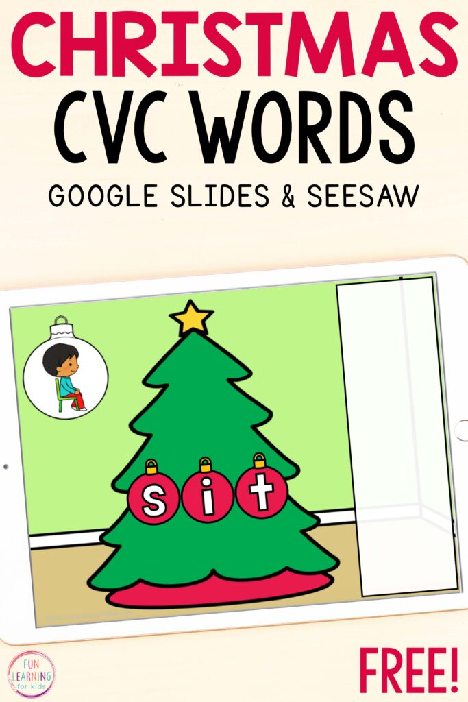 A free digital Christmas tree CVC literacy activity for Seesaw and Google Slides.