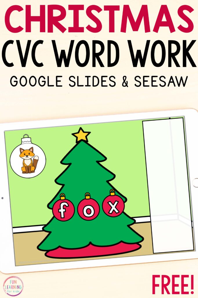 A free paperless Christmas tree CVC word building activity.