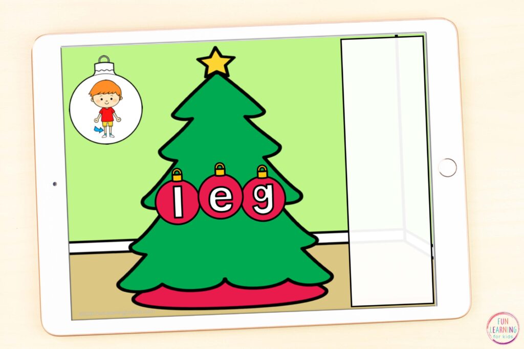 Christmas tree CVC word literacy activity.