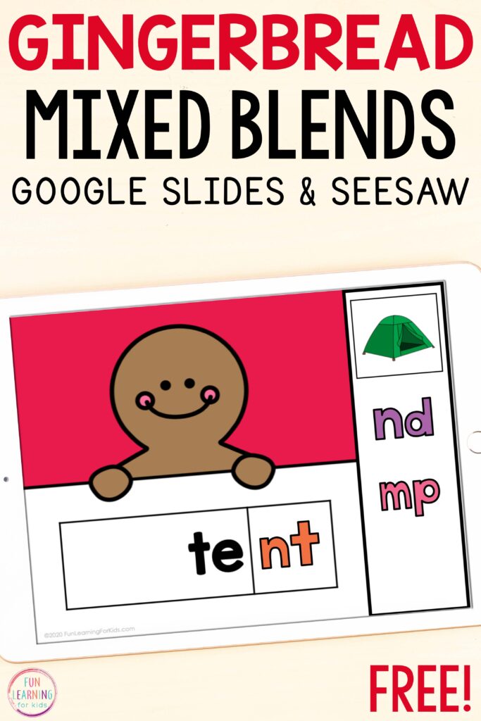 A fun gingerbread reading activity for students in kindergarten, first, and second grade. Use this mixed blends activity to teach students to read words with blends and learn to spell them too. This phonics activity is the perfect way to practice reading this holiday season!