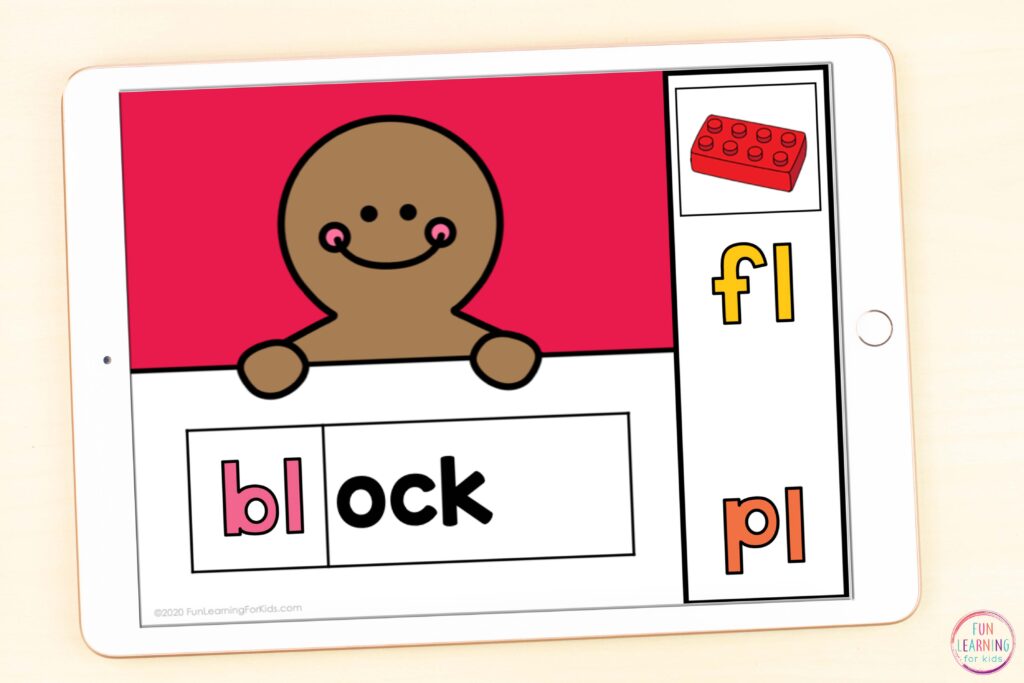 Gingerbread theme phonics activity to teach blends at the beginning and ending of words. Free for use on Google Slides and Seesaw.