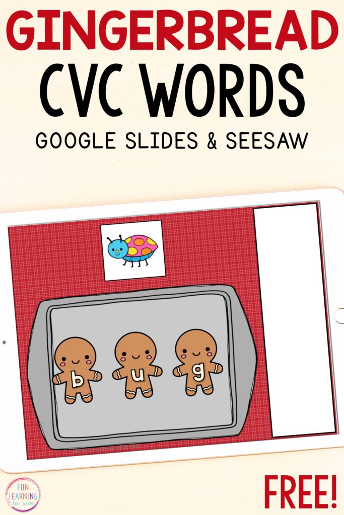 A free gingerbread theme CVC reading activity for Google Slides and Seesaw. Perfect for kindergarten and first grade.