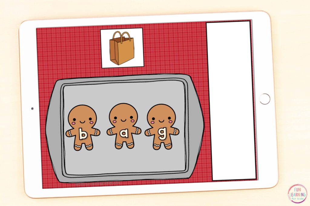 Paperless gingerbread CVC activity for learning important literacy skills on Google Slides and Seesaw.