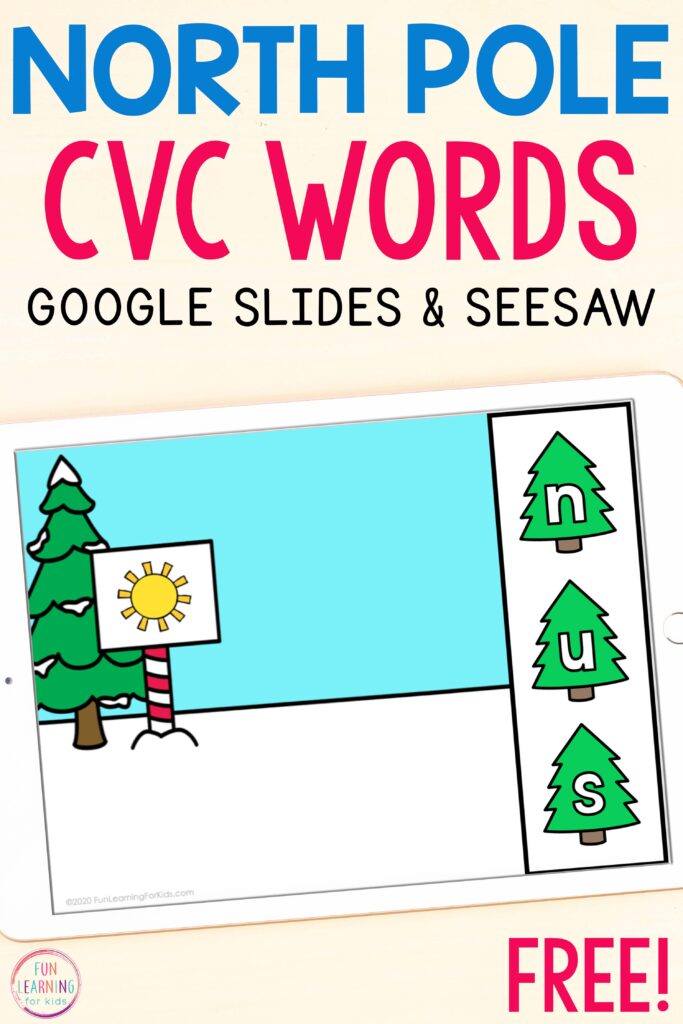 Free digital CVC word activity with a winter theme. Perfect for use on Google Slides or Seesaw.