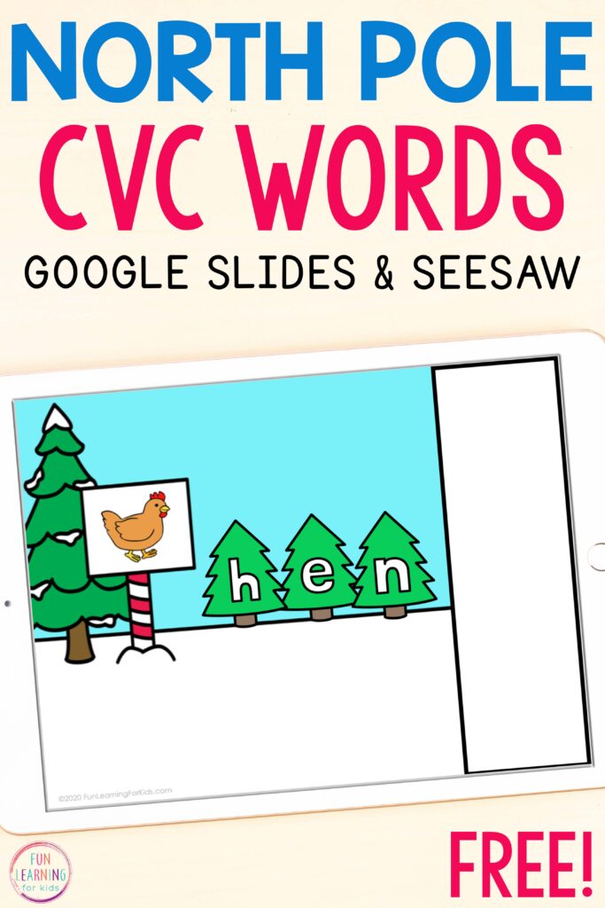 Free digital winter theme CVC activity for Google Slides and Seesaw.