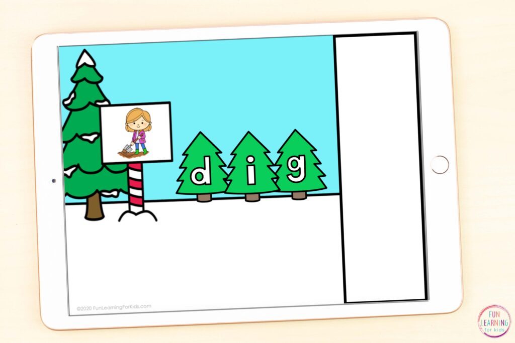 A free paperless CVC word work activity with a winter evergreen tree theme.
