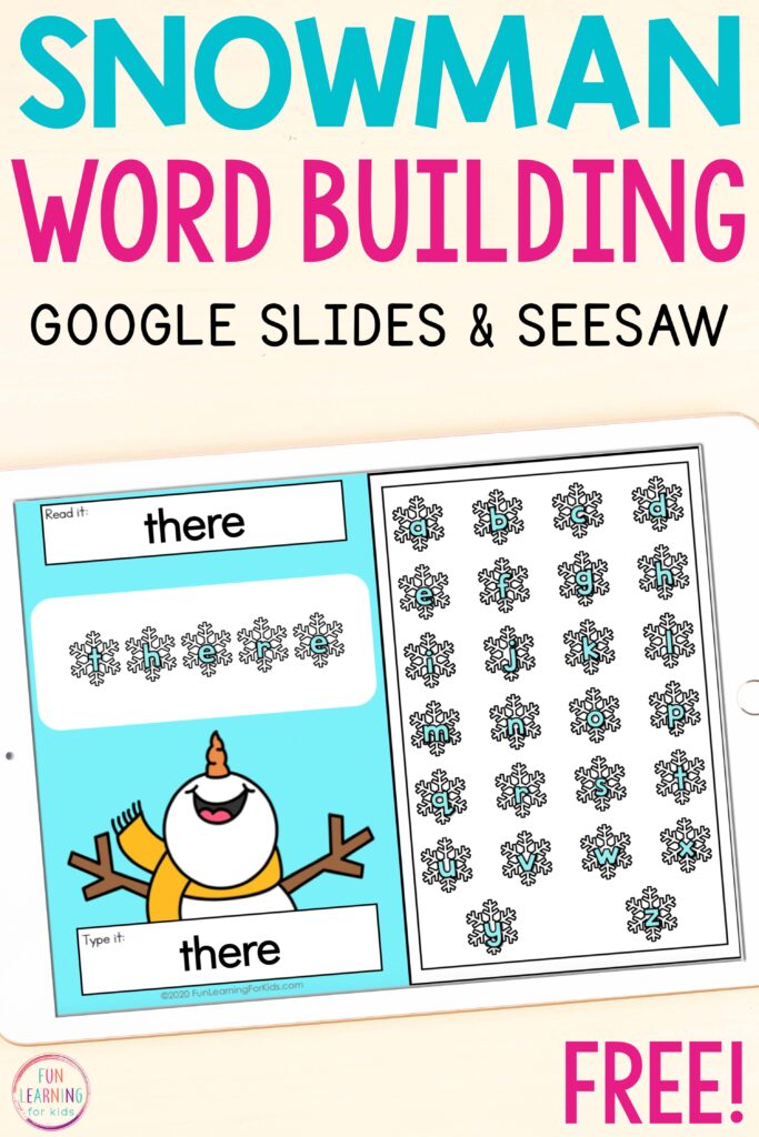 A free paperless word building mat for winter. Use on Seesaw or Google Slides.