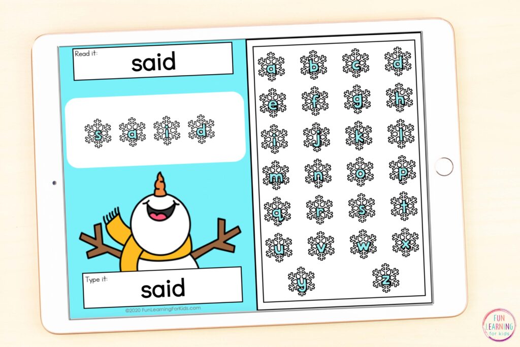 Paperless snowman theme word work activity for Google Slides and Seesaw.
