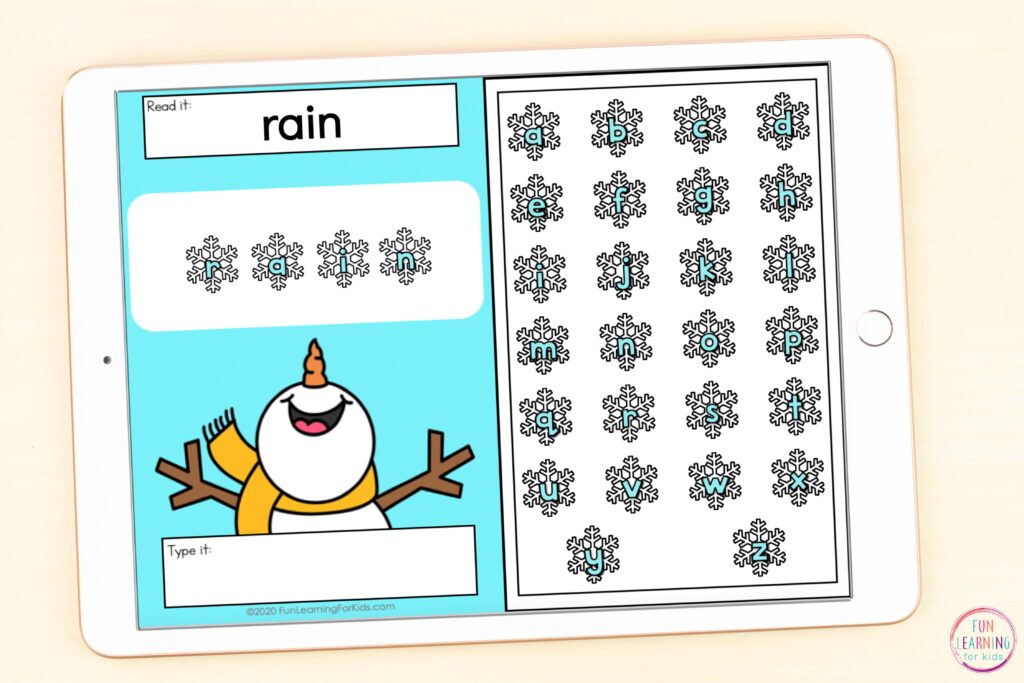 Free editable paperless snowman theme word building activity for kindergarten, first grade, second grade. 