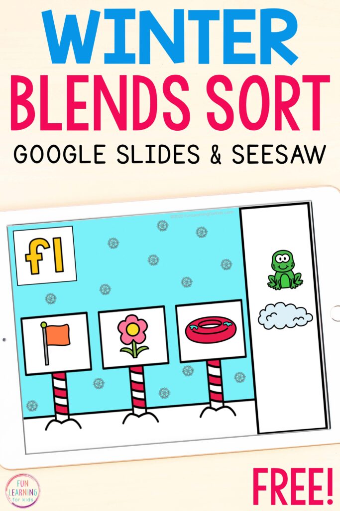 A free digital winter theme blends activity for students who are learning to read. Use on Google Slides or Seesaw.