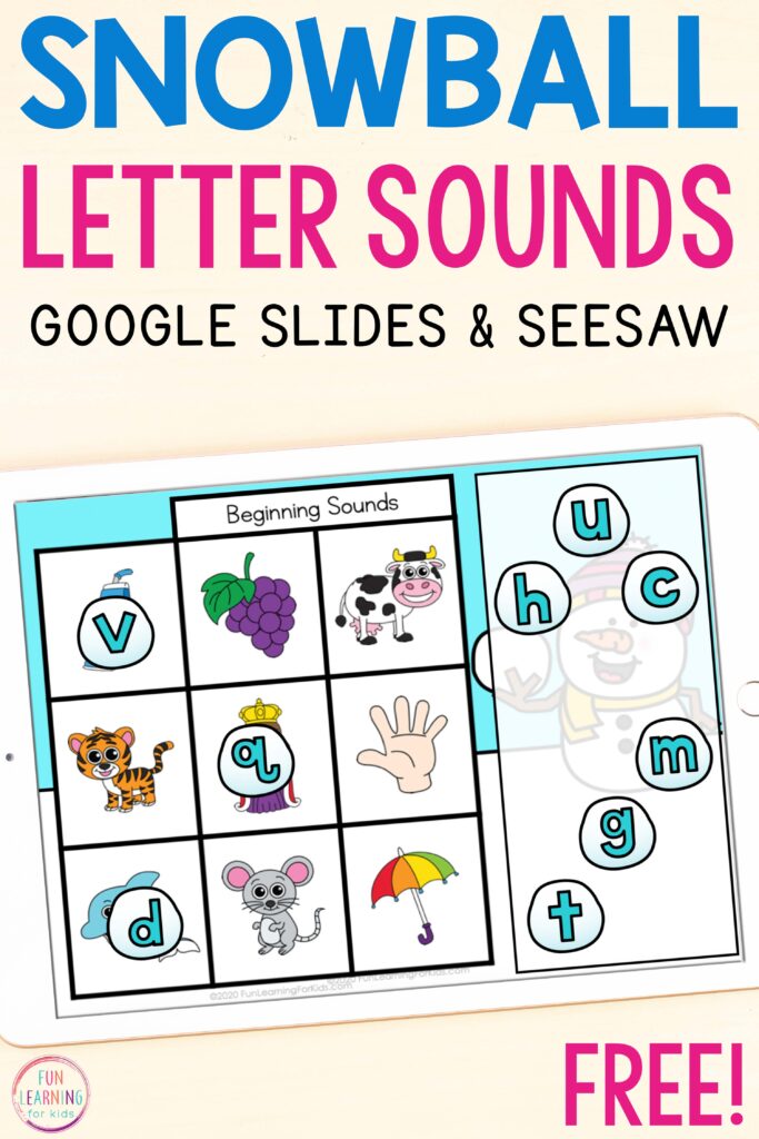 A free winter theme snowball letter sounds activity for Google Slides and Seesaw.