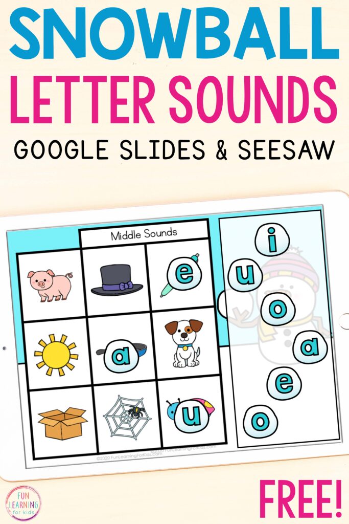 Snowball theme letter sounds reading activity for Google Slides and Seesaw.