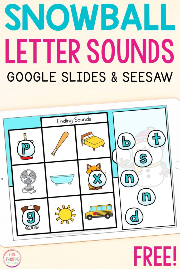 A fun and free winter theme literacy activity for learning to isolate beginning, middle, and ending sounds while using Seesaw and Google Slides.