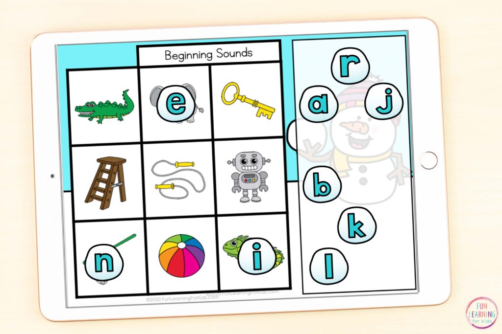 Free winter theme alphabet sounds mats for Google Slides and Seesaw.