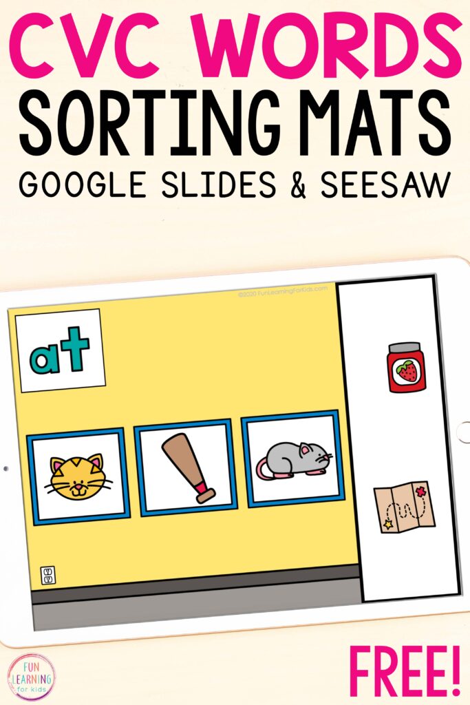 Free digital CVC word sorting activity for kindergarten and first grade students using Google Slides or Seesaw.