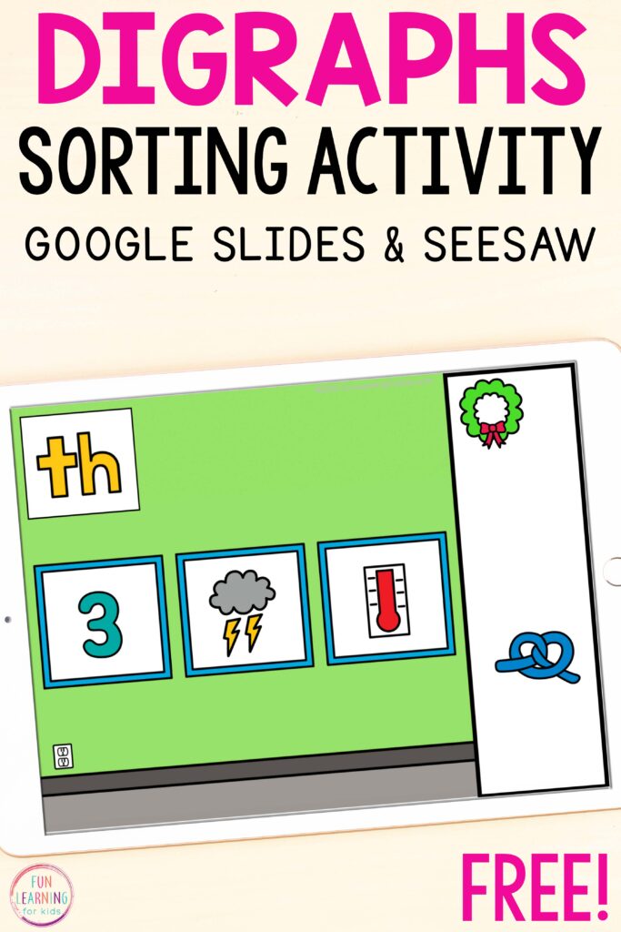 Free digital digraph sorting activity for learning this important phonics skills while using Google Slides and Seesaw.