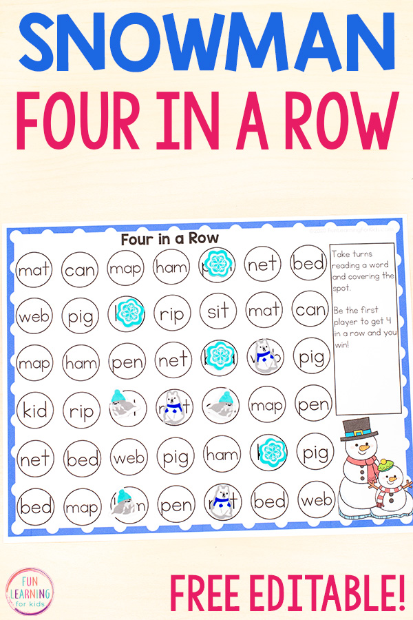 A free printable and editable snowman theme game for kids to learn literacy and math skills.