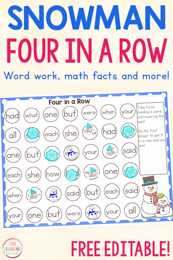 Free editable board game for your winter math and literacy centers in kindergarten, first grade, second grade, and third grade.