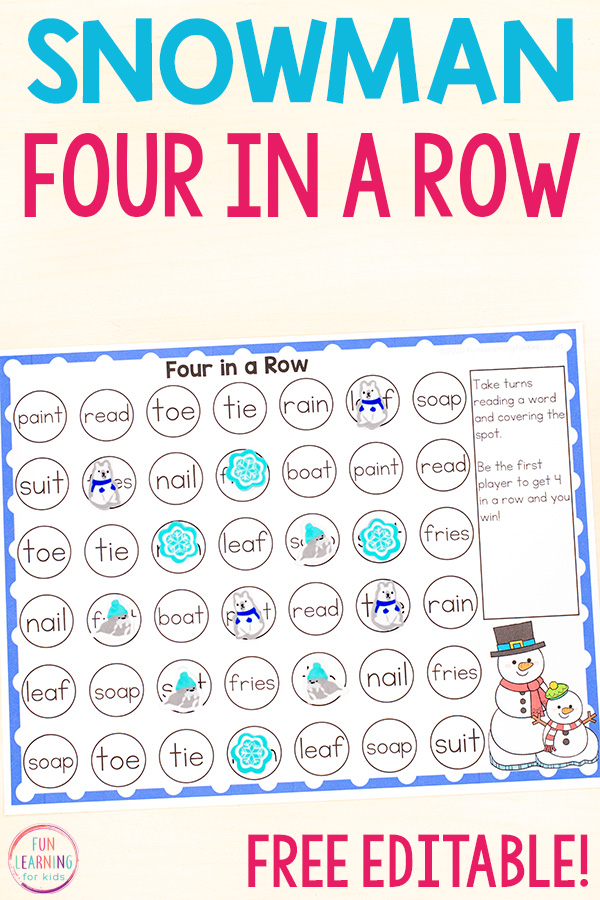 Use this winter theme game to teach a variety of word work, phonics, math facts and more!