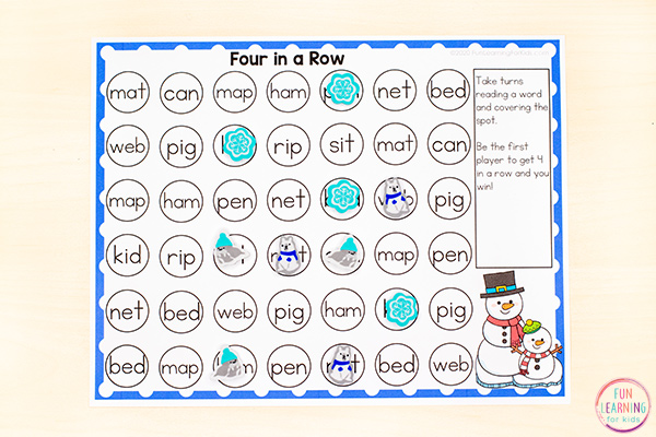 Winter snowman theme editable game for practicing word work, phonics skills and math facts.