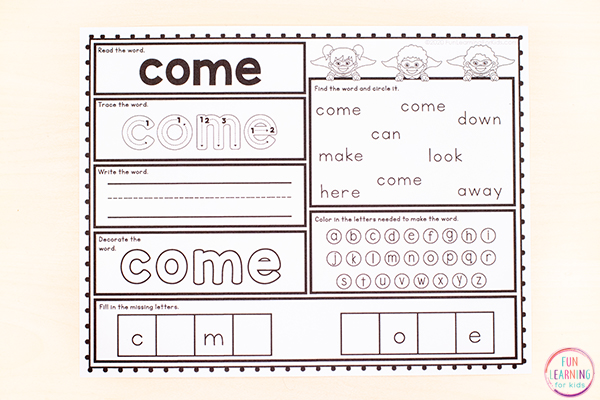 Free printable sight word worksheets for students learning the pre-k sight word list.