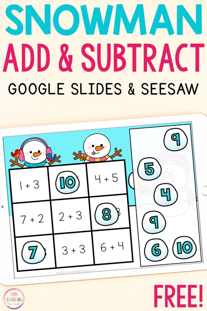 Free winter theme snowball addition and subtraction mats for Seesaw and Google Slides.