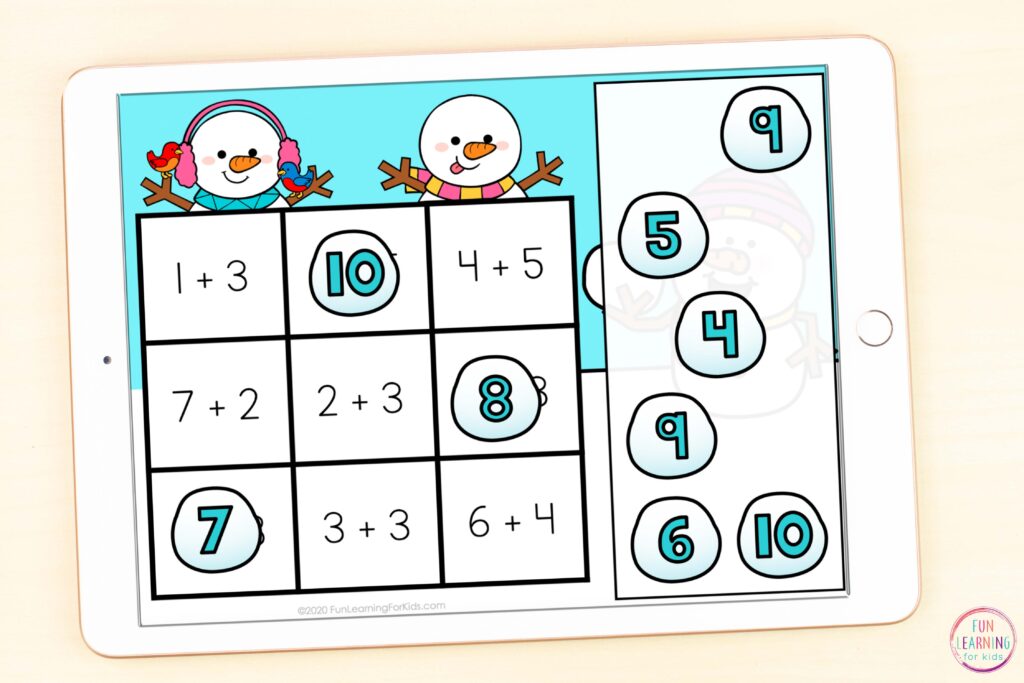 Free winter math activity for learning to add and subtract within ten while using Seesaw and Google Slides.