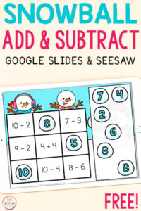 Free snow theme addition and subtraction activity for Google Slides and Seesaw.