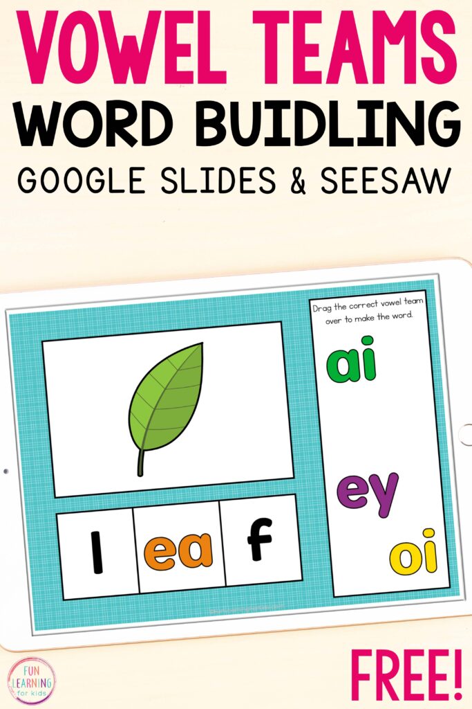 Free vowel digraphs word building activity for literacy centers in kindergarten and first grade.