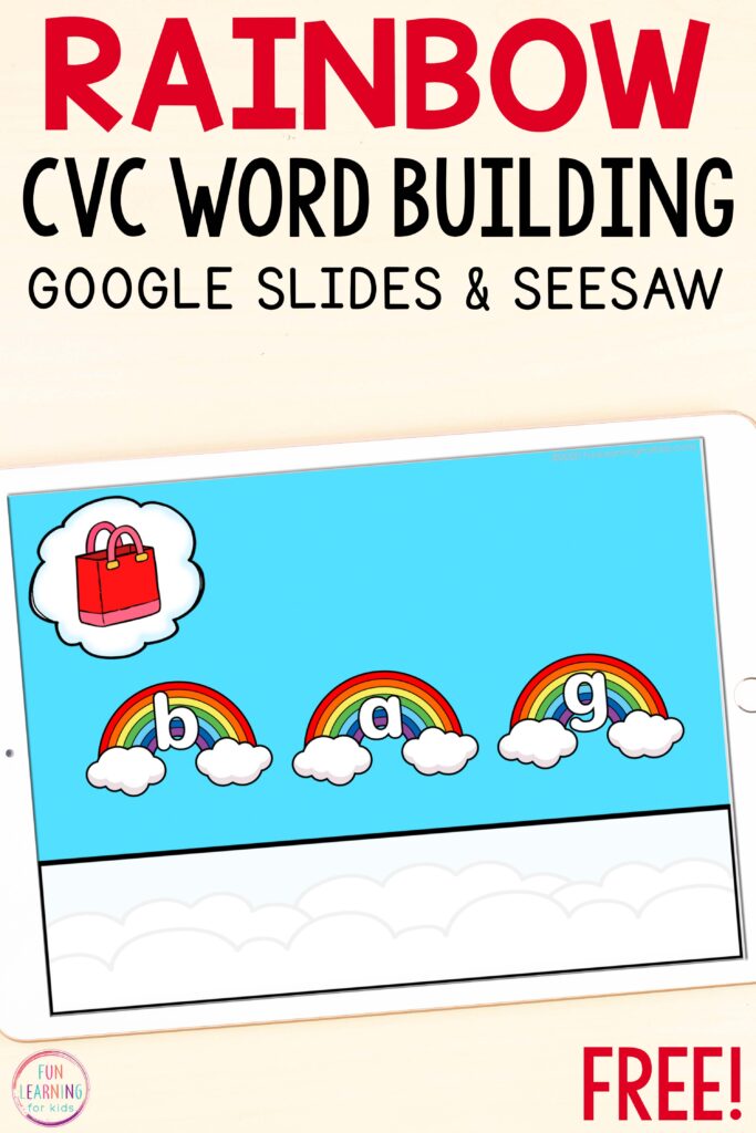 Free digital rainbow CVC word building activity for Google Slides and Seesaw.