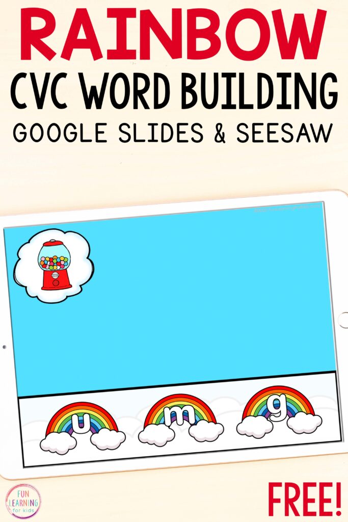 Free paperless rainbow CVC word work activity to use on Google Slides and Seesaw.