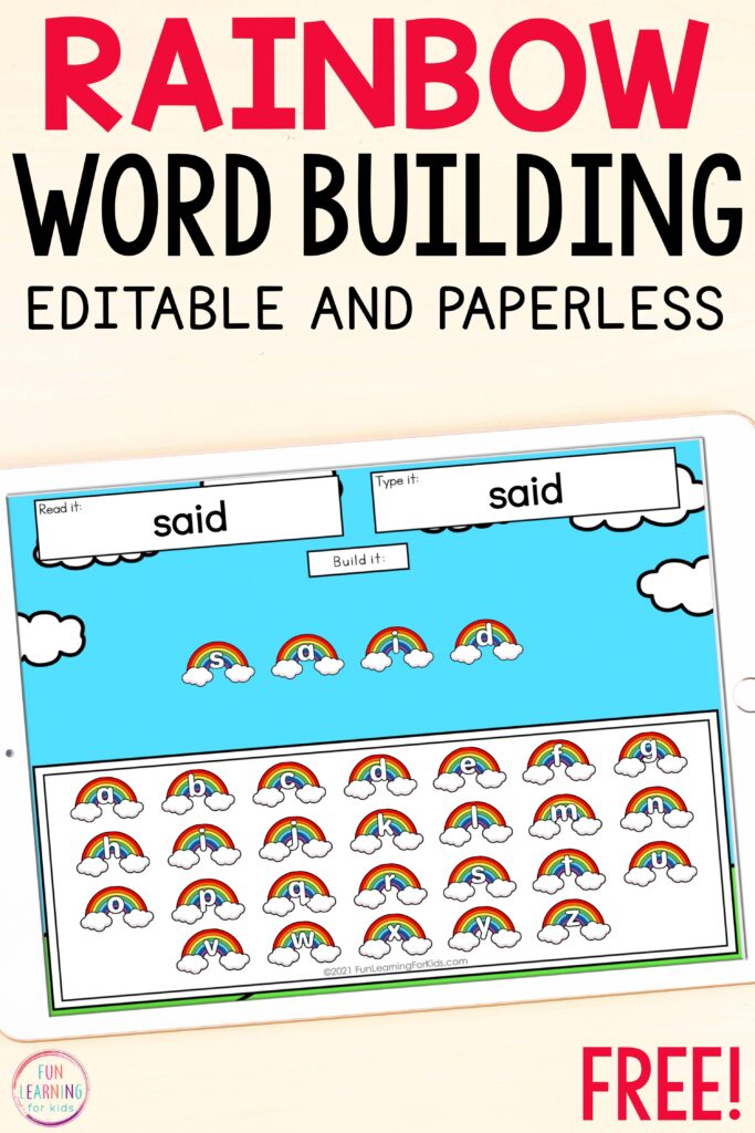 A free editable and digital rainbow word building activity for Seesaw and Google Slides.