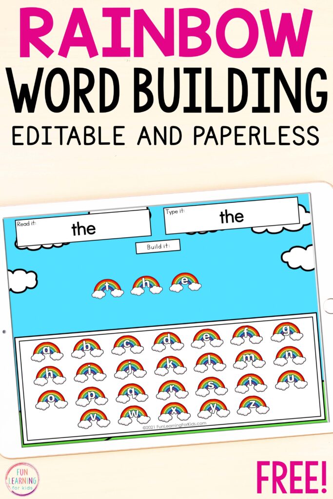 Free digital rainbow theme word building activity for sight words, CVC words, phonics skills, spelling words and more!
