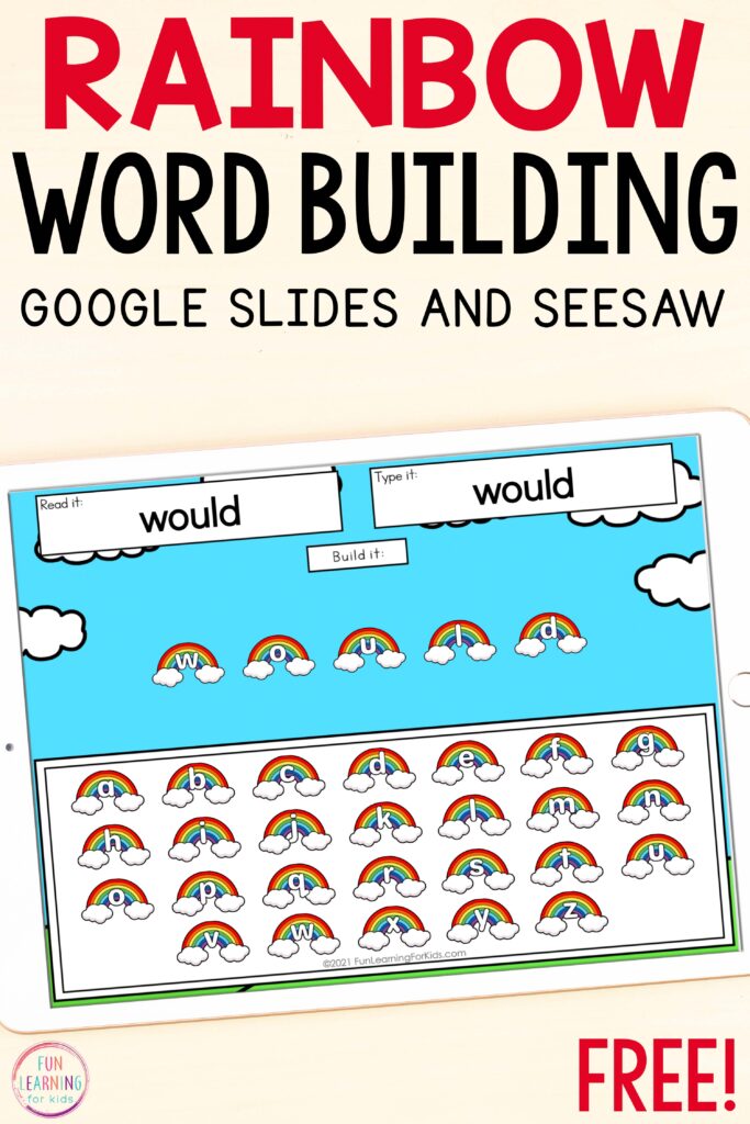 Free digital rainbow word building activity for Seesaw and Google Slides.