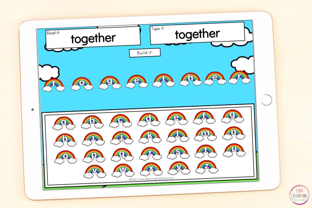 Free rainbow theme word building activity to use on Google Slides and Seesaw.