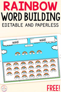 Free paperless rainbow theme word building mats for Google Slides and Seesaw.